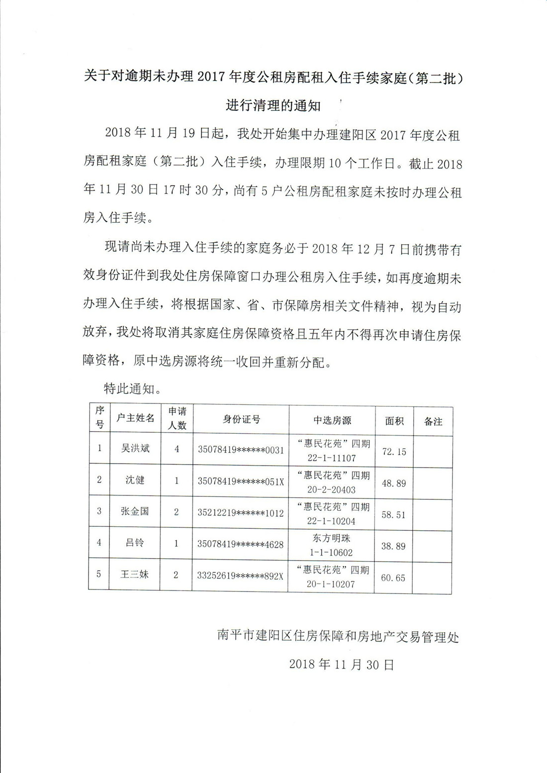 关于对逾期未办理2017年度公租房配租入住手续家庭（第二批）进行清理的通知